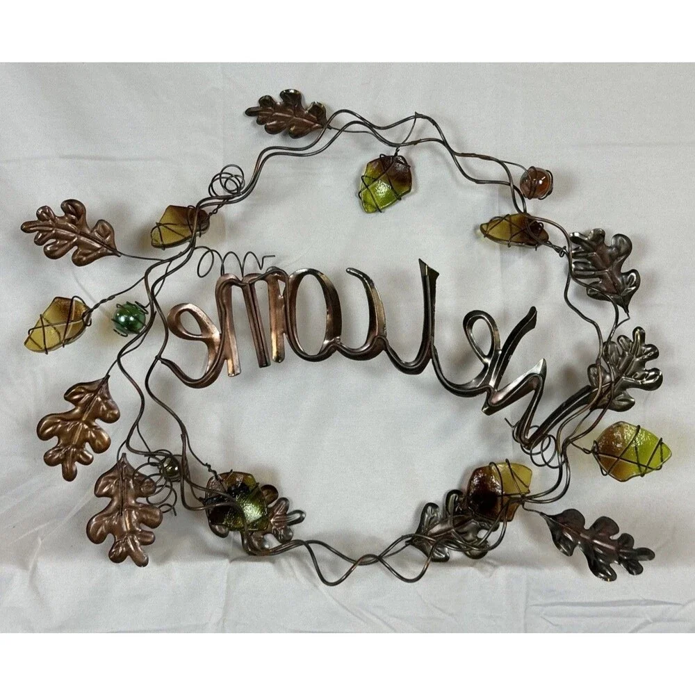 Fall Leaves Welcome Wreath Hanging Metal & Glass Decor Thanksgiving 17x13”